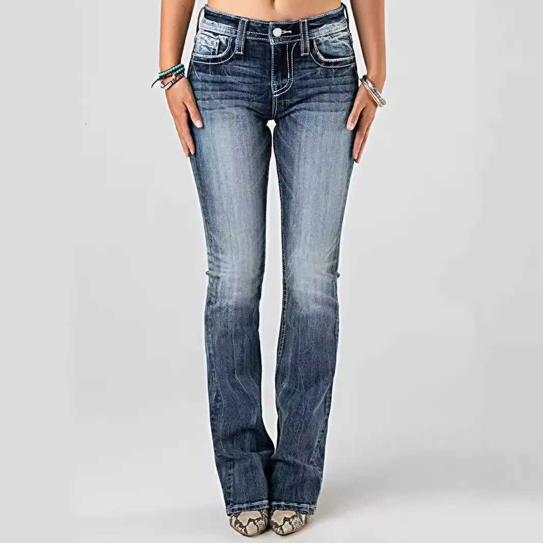 Women Embroidery Pockets Distressed Jeans Mid Waist Stretch Slim Fit Pants Vintage Denim Trousers Autumn Female Streetwear Z250910