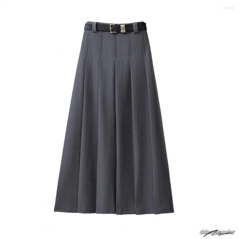 Skirts Women Maxi Skirt High Waist Pleated Ankle Length With Belt Solid Color A-Line Long For Office Women's Clothing