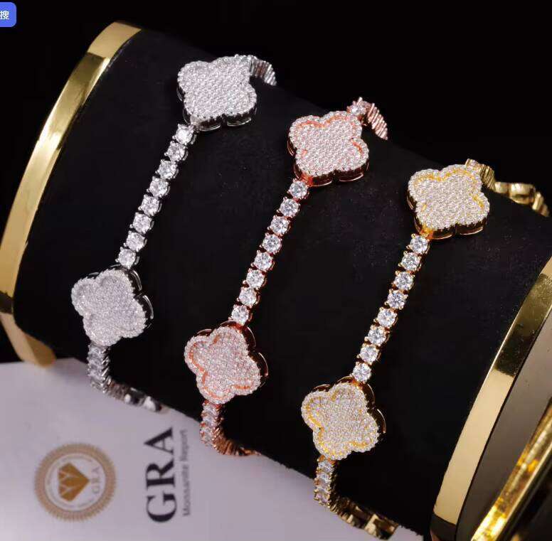 Hip Hop Ice Dia Four Leaf Clover Sier VVS Tennis Bracelet GRA Moissanite Bracelets Bangles