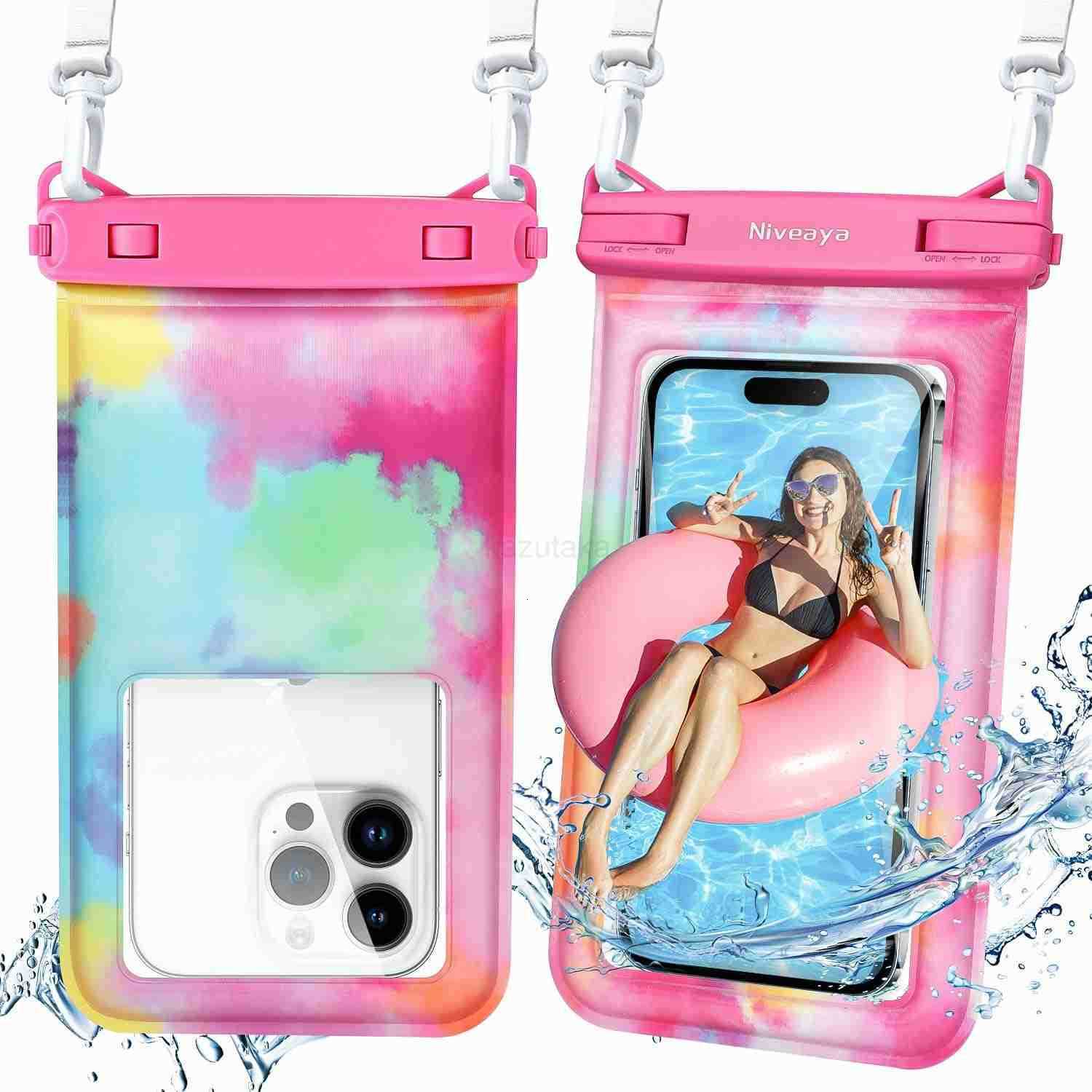 Niveaya Tie Dye Floating Waterproof Phone Pouch 2 Pack Universal Waterproof Phone Case Up to 7Phone Dry Bags with Adjustable Lanyard for Vacation Beac