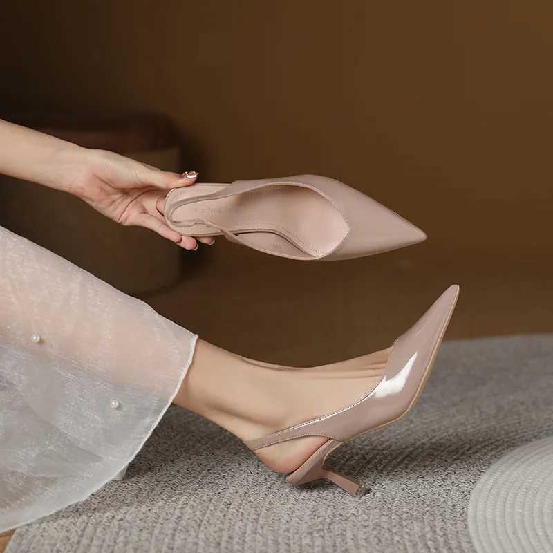 Elegant Slingback High Heels Sandals Woman RearStrap Shoes Ladies Office Dress Shiny Leather Pumps Pointed Toe CutOut Tacones W250910