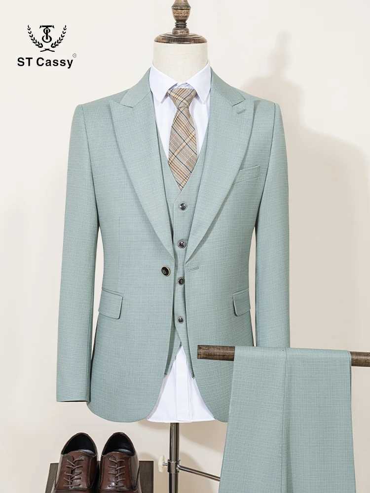 ST Cassy High Quality Mens Suit Summer thin Green Slim Fit Formal Business Office Mens SuitsjacketVestPants W250910