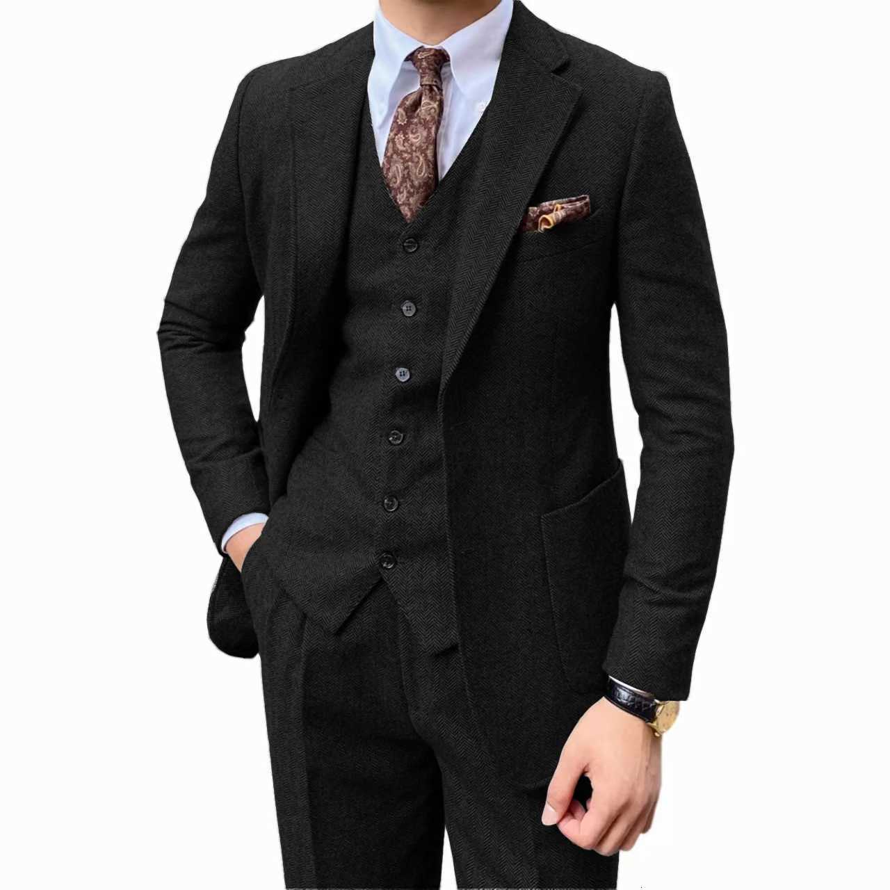 Mens herringbone suit twopiece set Notched lapel One Button Herringbone onebreasted vest jacket Coarse woolen fabrics W250910