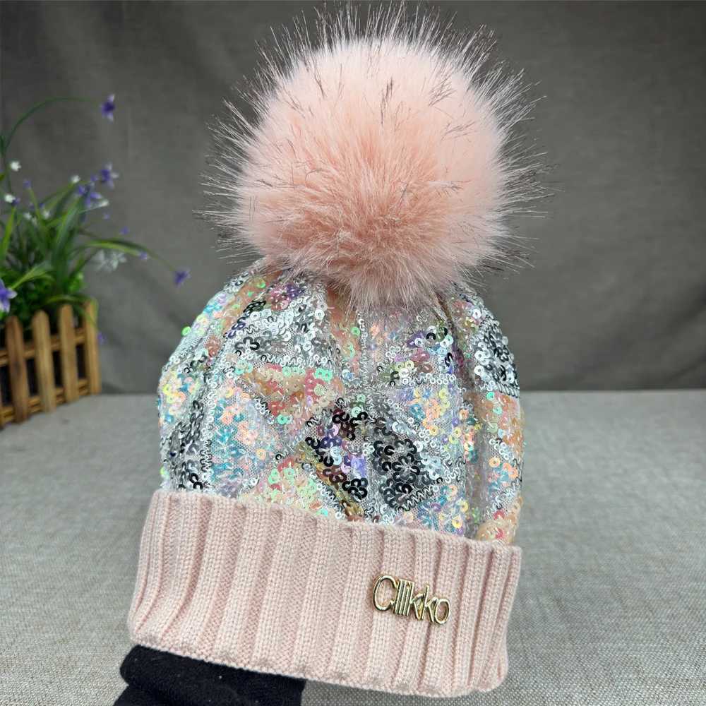 Cllikko brand sequins artificial fur ball knitted wool hat for wens autumn and winter warm ear protection fashion G250910