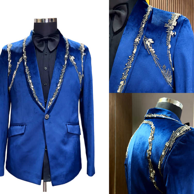 Velvet Men Tuxedos Customized Beading Diamond Groom Jacket Fashion Birthday Party Show Wear One Piece