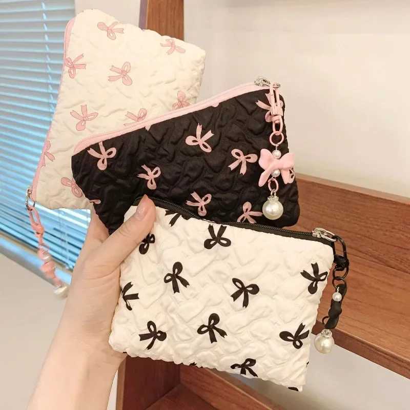 Cute Pink Bow Makeup Bag Mini Storage Case for Lipstick Card Sanitary Napkin Holder Womens Cosmetic PouchXJ250910