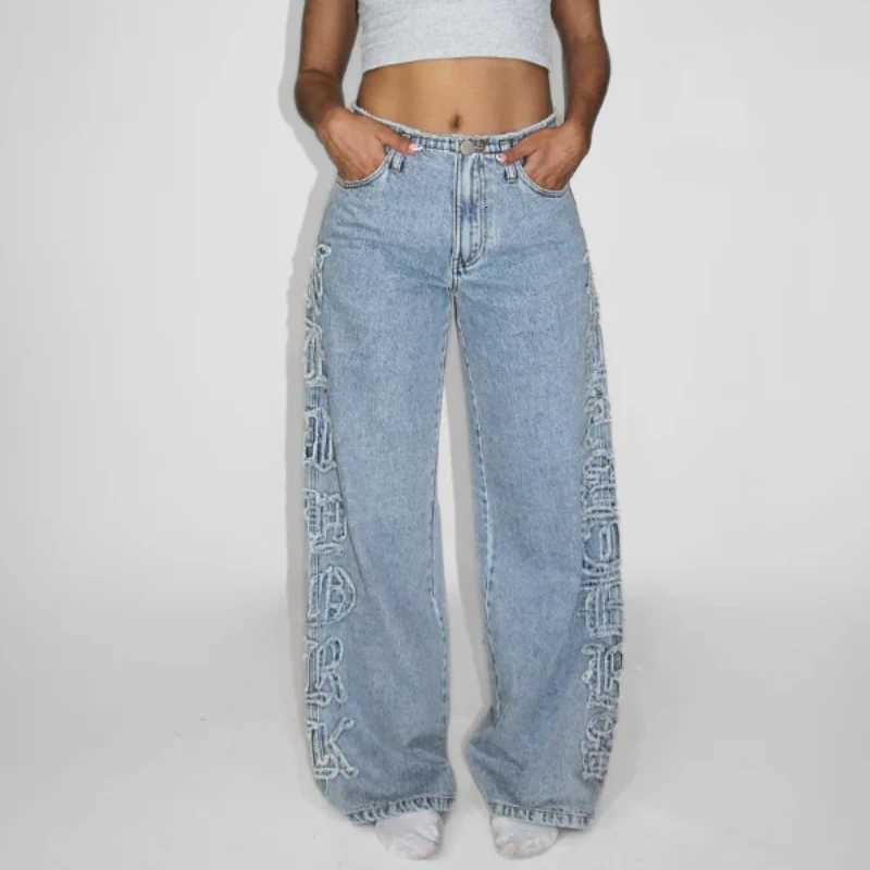 Gothic Style Patchwork Baggy Wash Jeans Fashion Trendy Y2K Straight Jeans Men and Women Universal High Street Wideleg Jeans Z250910