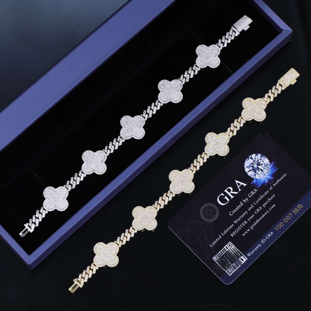 Lucky Four Leaf Clover Jewelry 6mm Wide Gold Plated VVS Moissanite For Men Sier Cuban Link Bracelet