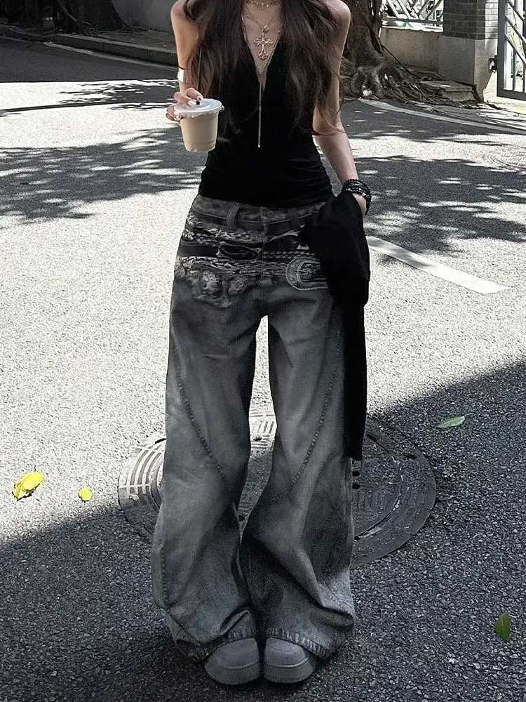 Goth Print Baggy Jeans Women Street Harajuku Hip Hop Vintage High Waisted Jeans Woman Clothing Wide Leg Women Jeans Y2k Pants Z250910