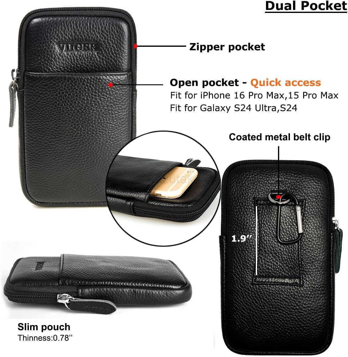 Leather Cell Phone Pouch Cellphone Belt Clip Holster Compatible with iPhone 16 Pro Max 15 Pro Max with Phone Case Dual Pocket Universal Smartphone Bel