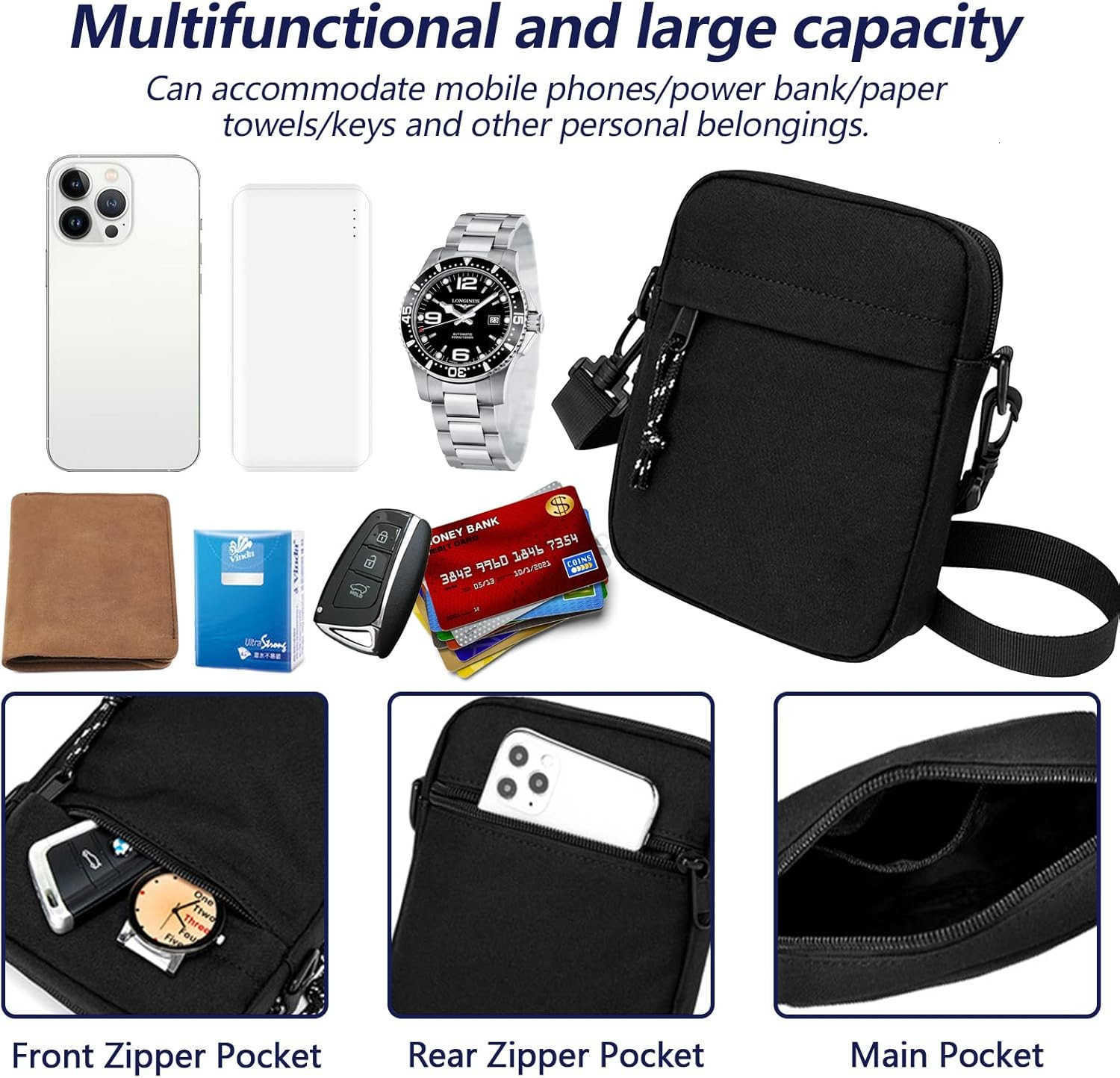 Small Crossbody Bag for Men Mini Messenger Bag Side Shoulder Bag for Phone Passport Casual Satchel Bag Phone Purse Mini Sling Bag Fanny Pack Water Res