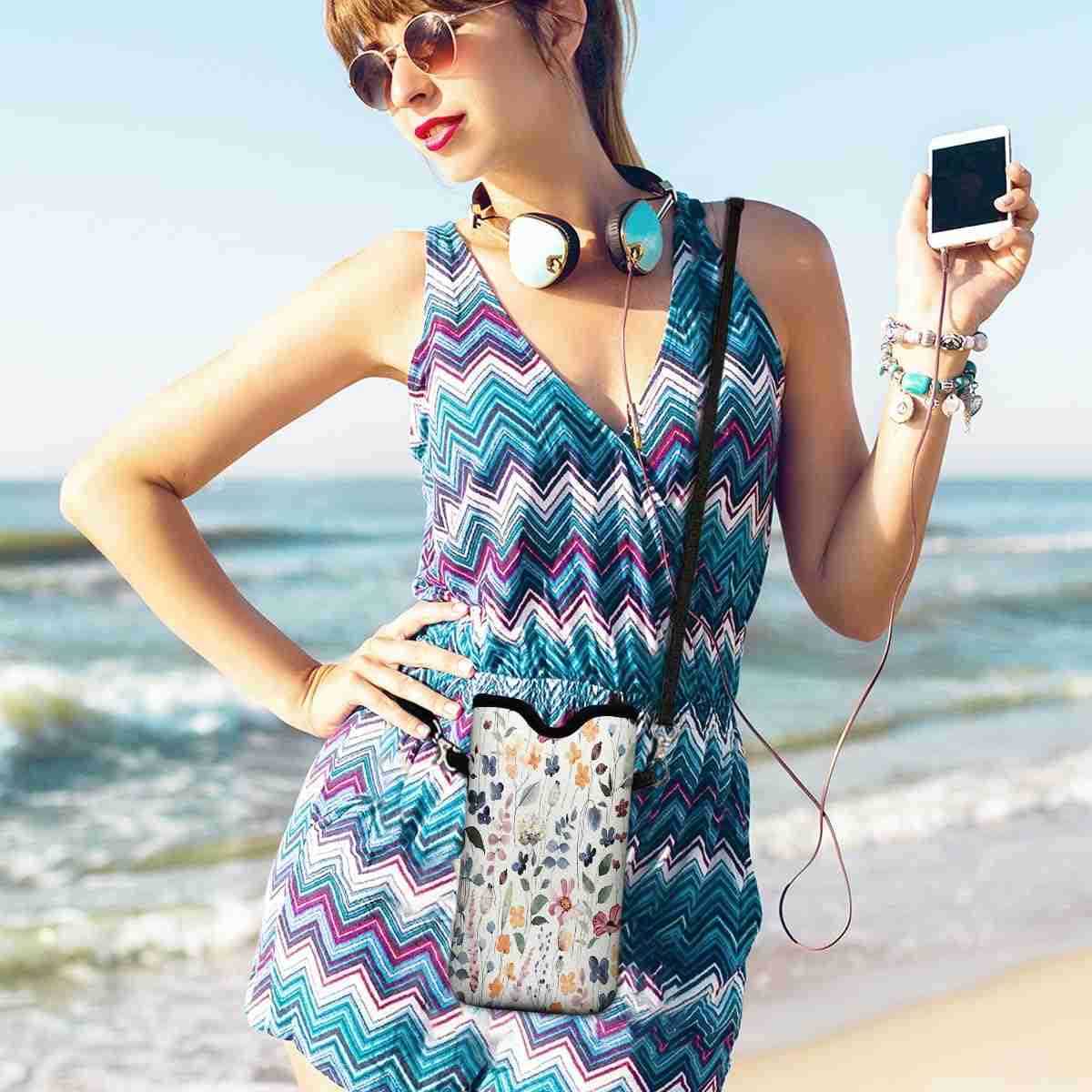 Neoprene Cell Phone Pouch 71 X 4 in Mobile Protection Case Bag with Crossbody StrapNeck Lanyard Luxury Flowers Leaf Printed Pattern Z250910