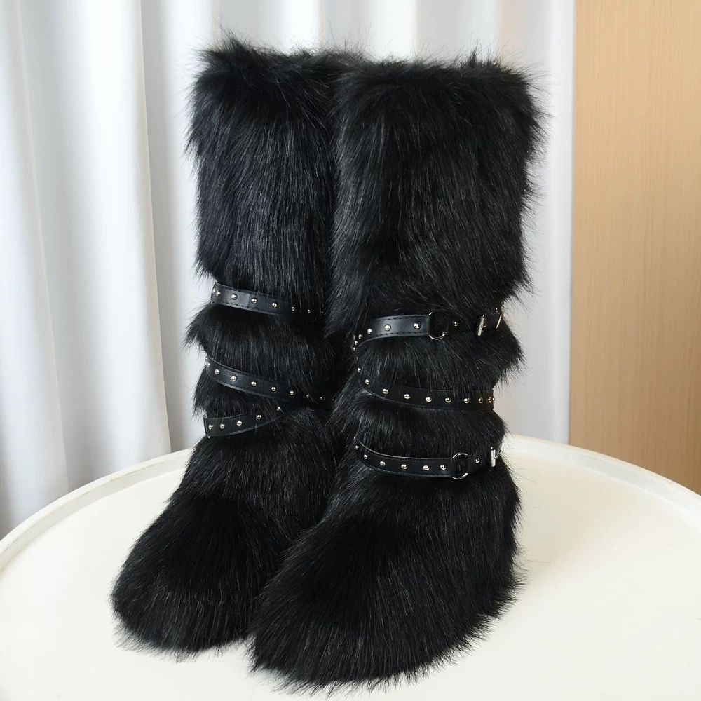 Hot girl sexy 40cm high top snow boots 2025 new cross belt buckle fur long fur boots