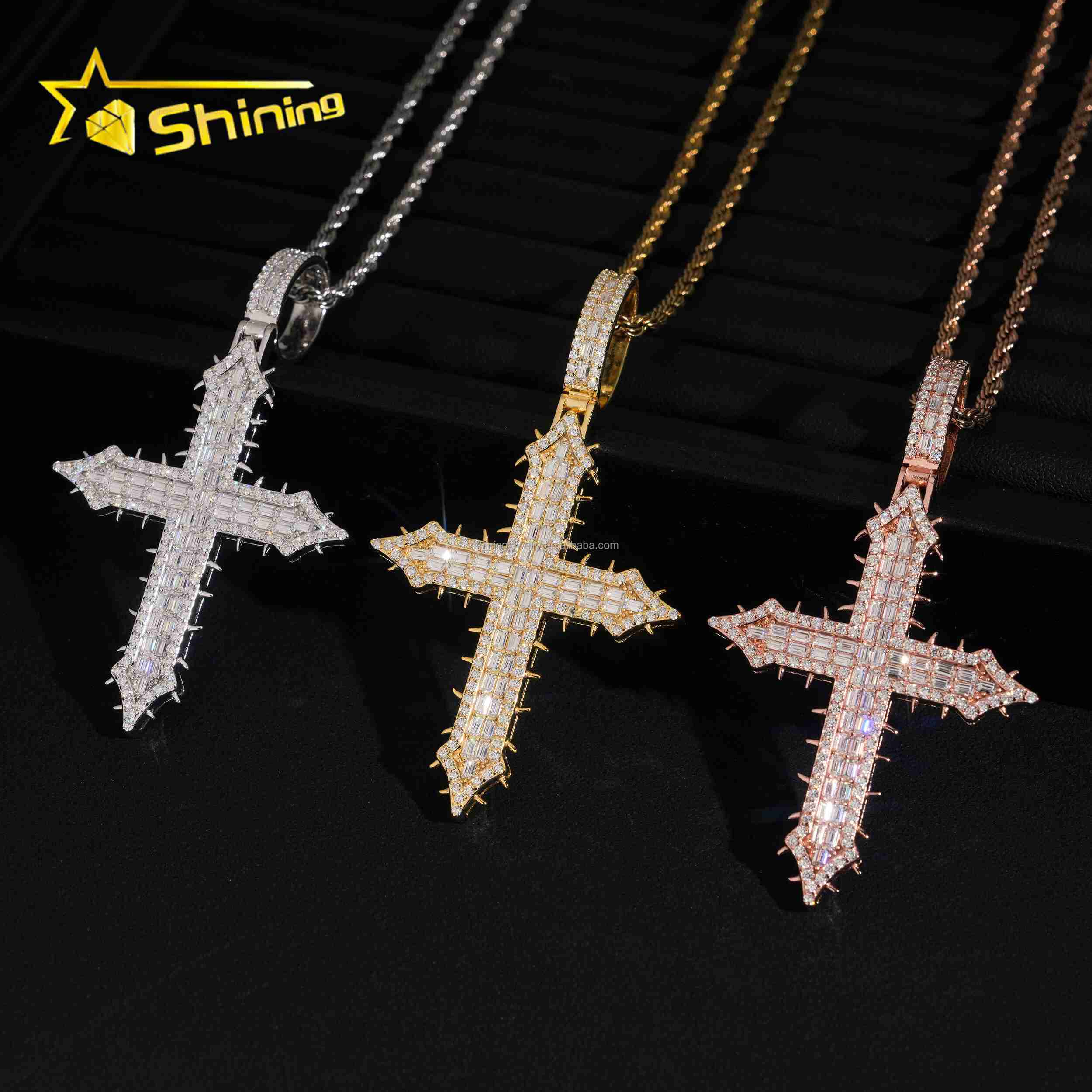 New Arrivals Bulk Stock Hip Hop Stylish Rapper Jewelry VVS1 Moissanite Diamond S925 Silver Iced Out Man Thorn Cross Pendant