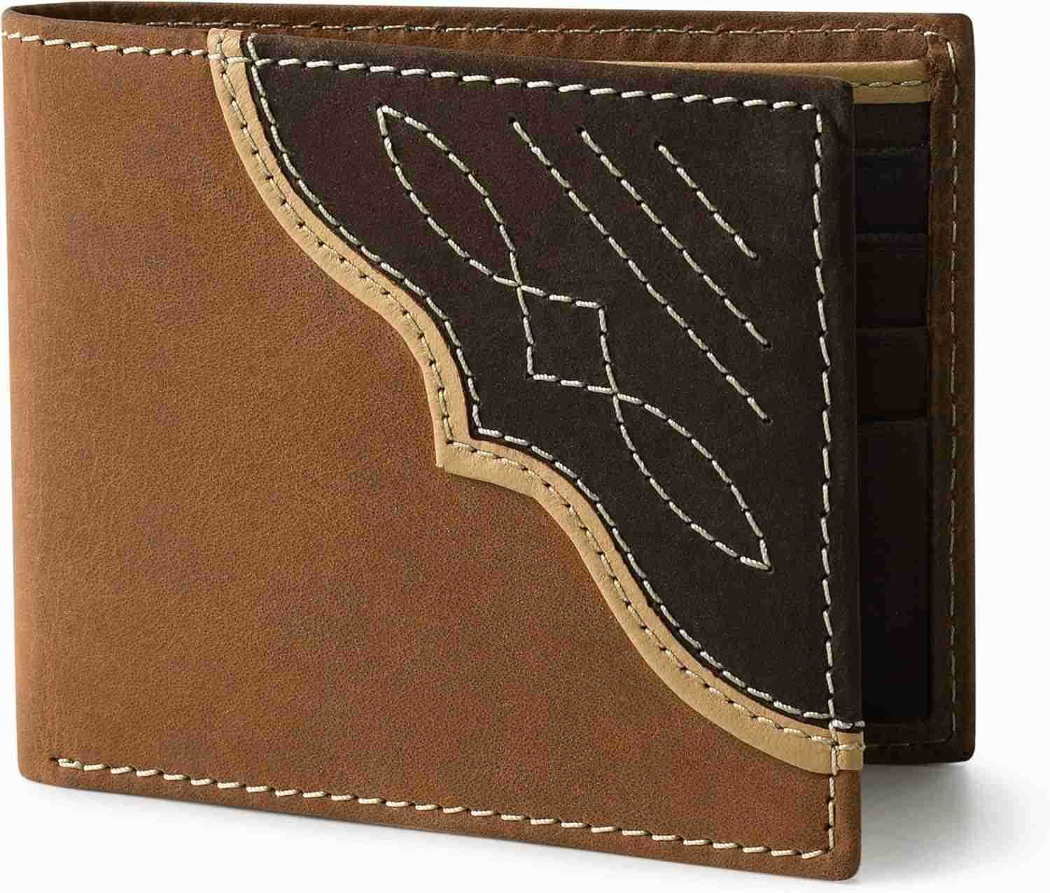 Mens Bifold Wallet with Contrast Corner Patch Genuine Leather Gift for HimZ250910