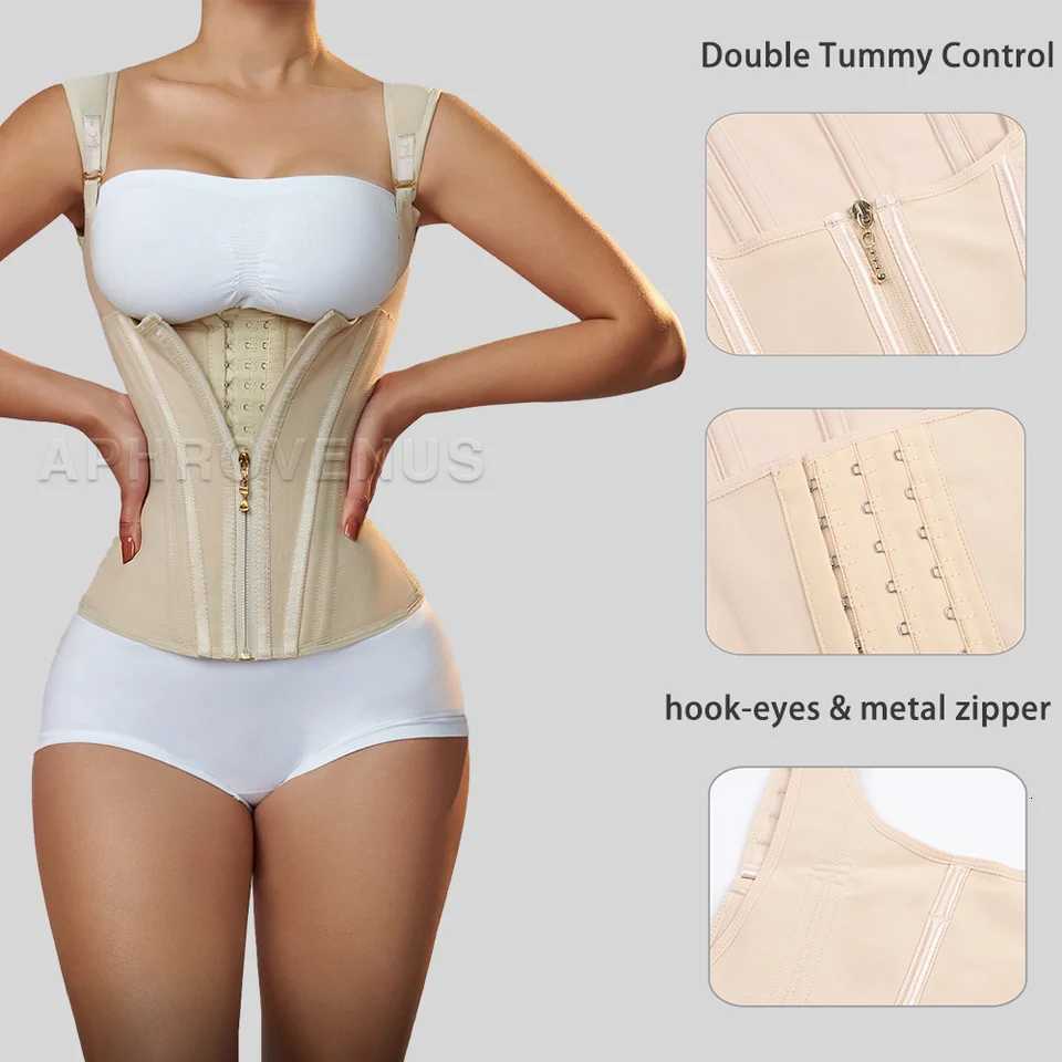 Fajas Colombianas Women Double Compression Waist Corset with Bone Adjustable Zipper and Hookeyes Flat Belly Body Shaper W250910