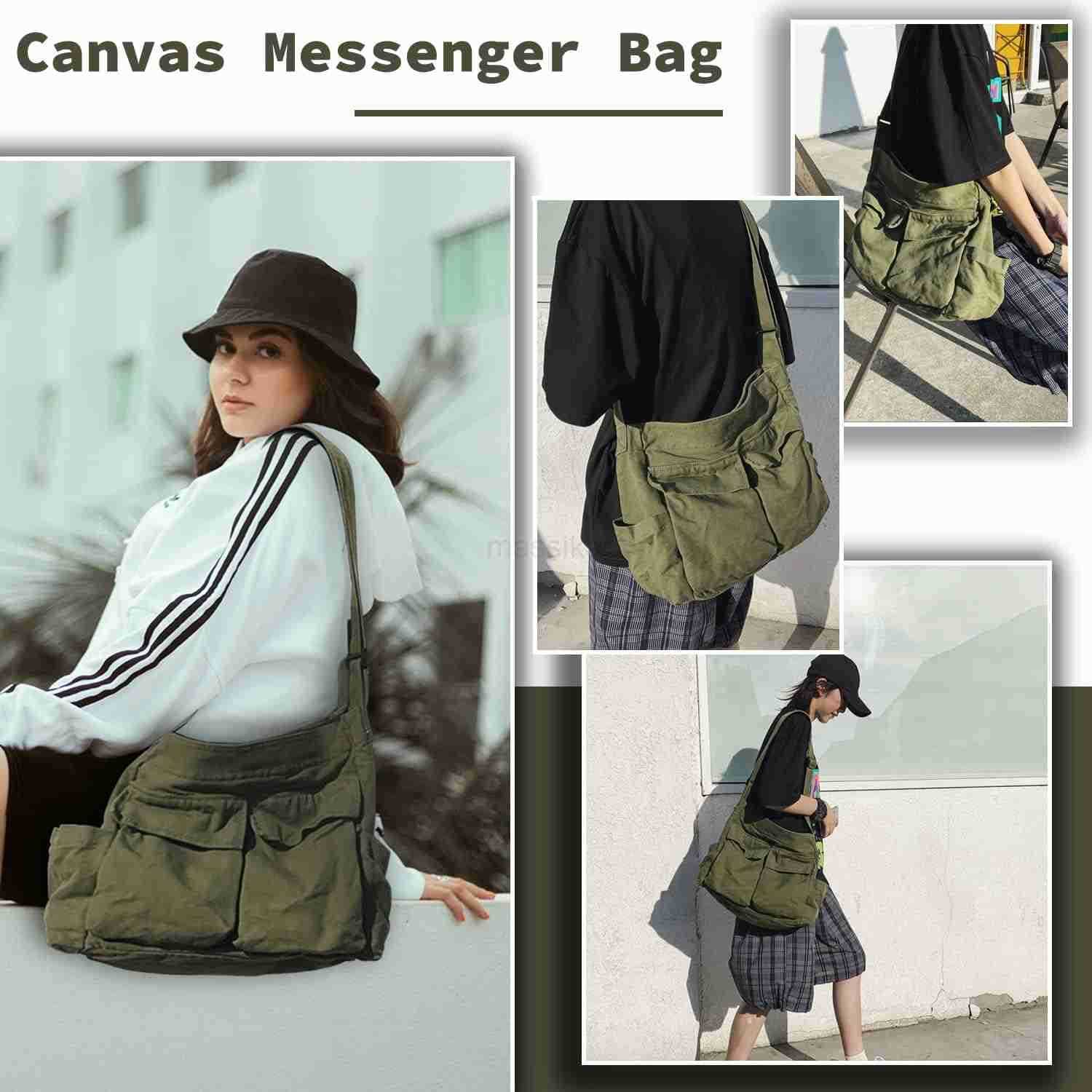 Canvas Messenger Bag Large Hobo Crossbody Bag with Multiple Pockets Casual Shoulder Tote Bag for Women and Men M250910