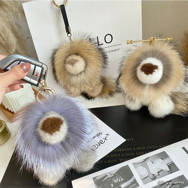 Real Mink Small Lion Pendant Keychain Women Cute Toy Car Key Bag Charm Ornaments Metal Ring Genuine Fur Kids Plush Gifts 240717 ddmywonder ddmywonder
