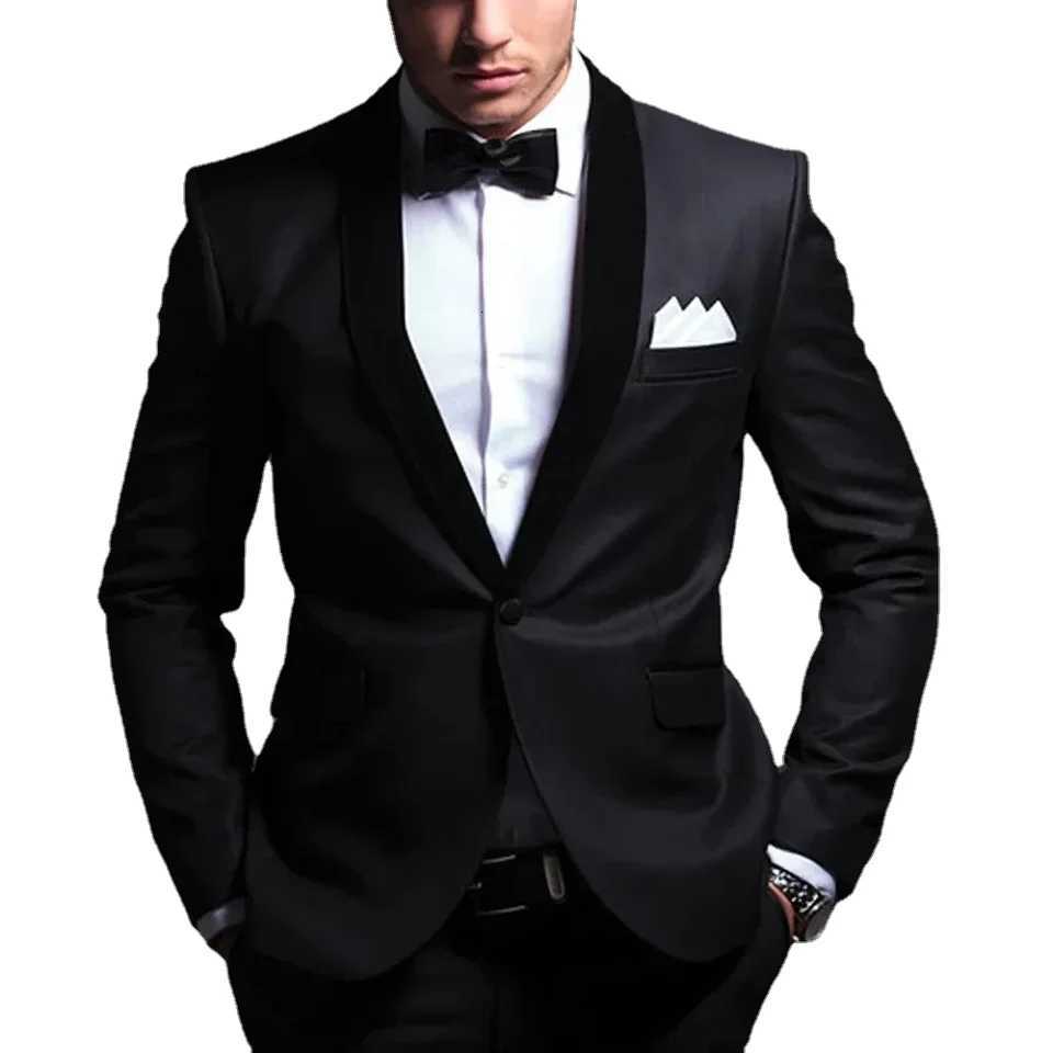 Black Men Suits Wedding Tuxedos One Button Skinny Male Clothing Velvet Shawl Lapel 2 Piece Jakcet Pants Slim Fit Male Clothing W250910