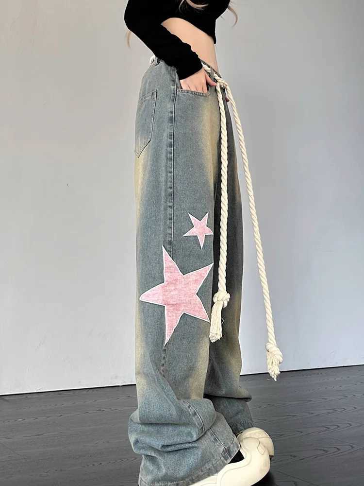 Women Fashion Wide Leg Baggy Jeans Streetwear Vintage Baggy Denim Pants Lady Korean Retro Patchwork Red Heart Oversized Trousers Z250910