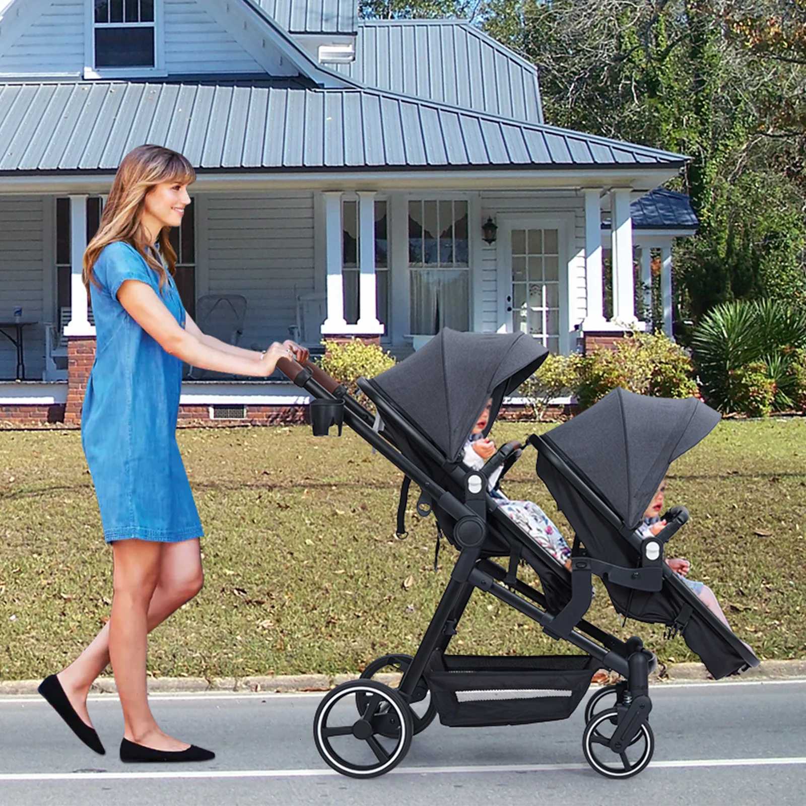 Double Track Tandem Stroller Foldable Bassinet Pram for Infant and Toddler Reversible Pushchair Adjustable Backrest Canopy W250910