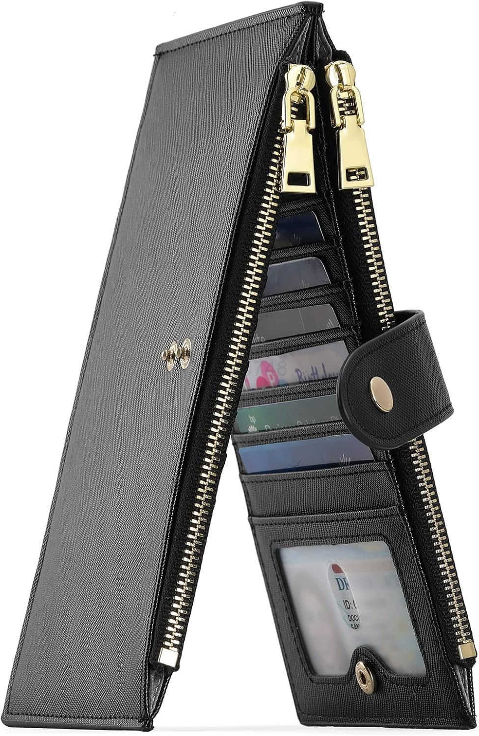 Slim Wallets for Women RFID Blocking Card Holder 2 Zipper Pockets Thin Ladies Clutch Purse BlackZ250910