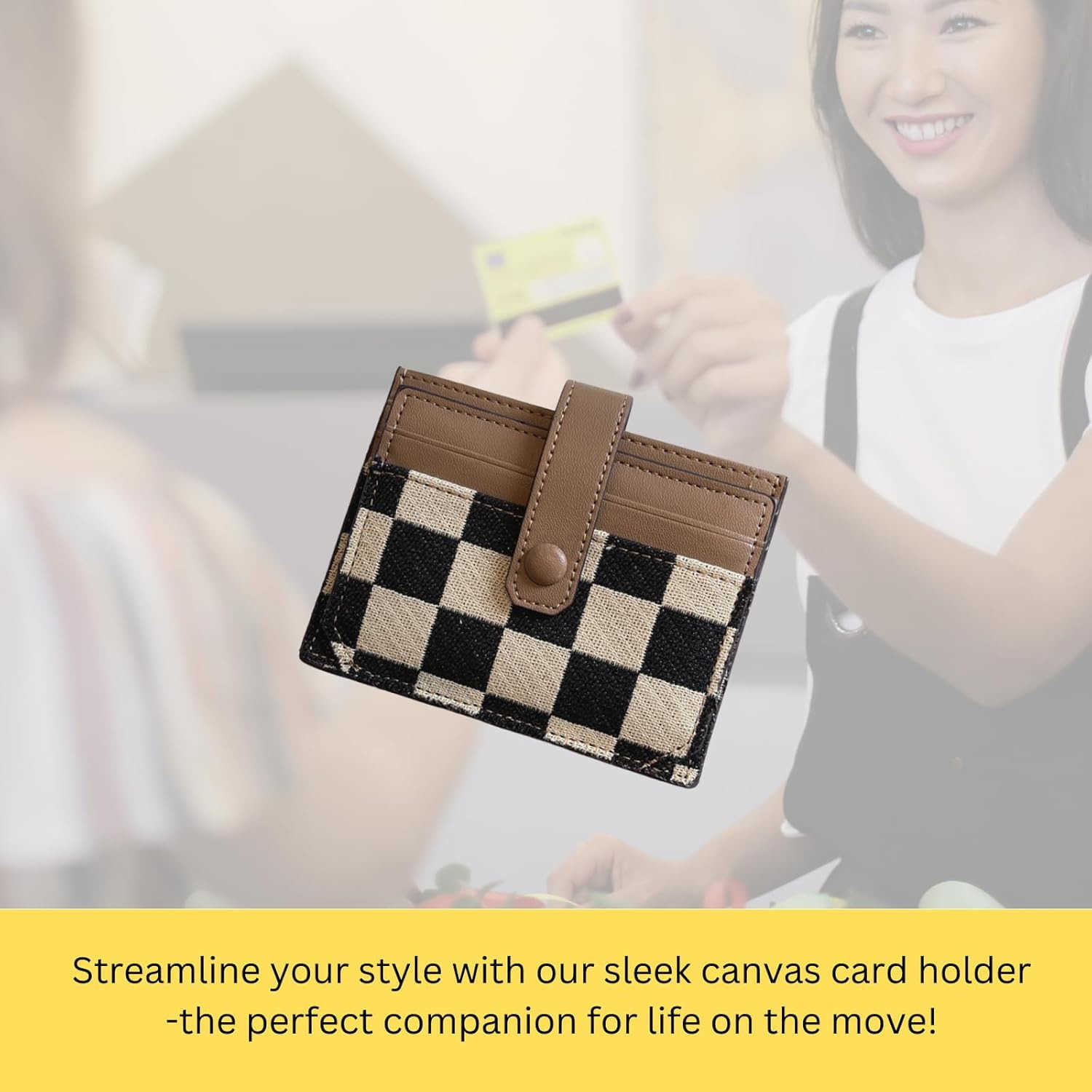 Cute Slim Card Holder Canvas Front Pocket Checkered Wallet Small CARD Case for Women BrownZ250910