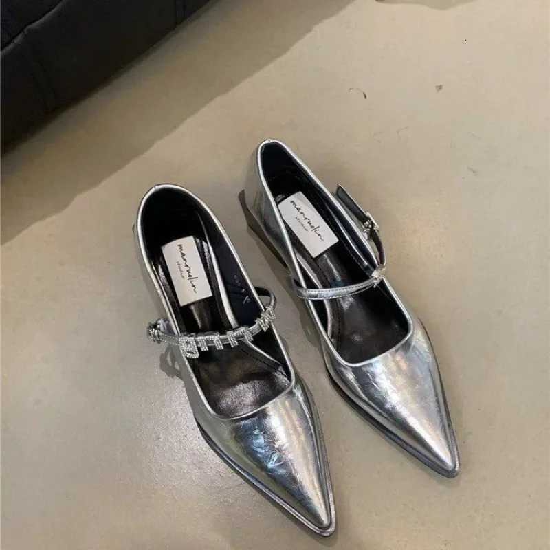 2024 New Style Silver Leather Shoes Fashion Pointed Low Heel Mary Jane Womens Casual Shoes W250910