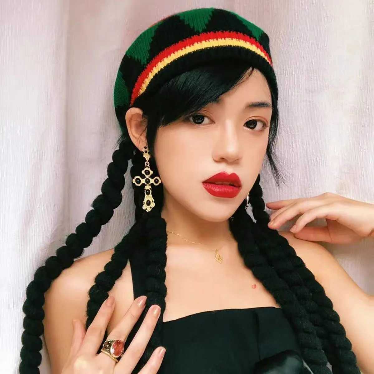 Wig Braid Beret Knitted Rainbow Hat Halloween Knitted Wool Hat Ear Protector Head Cover HatXJ250910