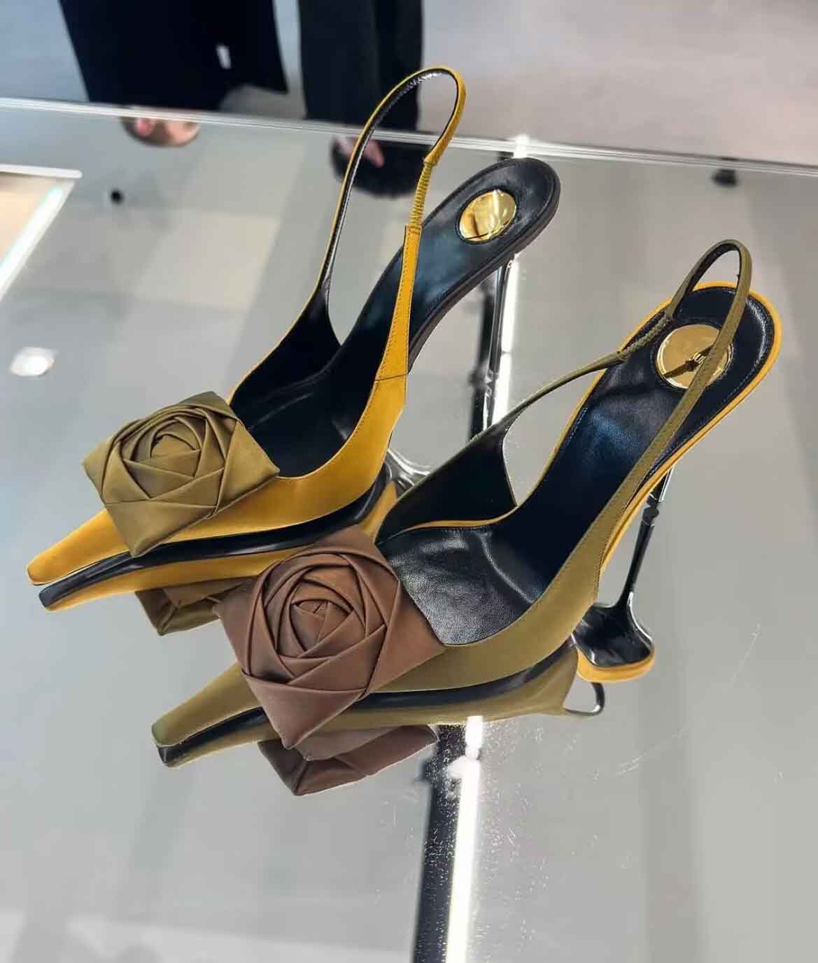 Elegant Brand Women Amalia Slingback Pumps Satin Crepe Pointed Toe Sandals Shoes Square Rose Lady Stiletto Heels Party Dress Wedding EU35-42