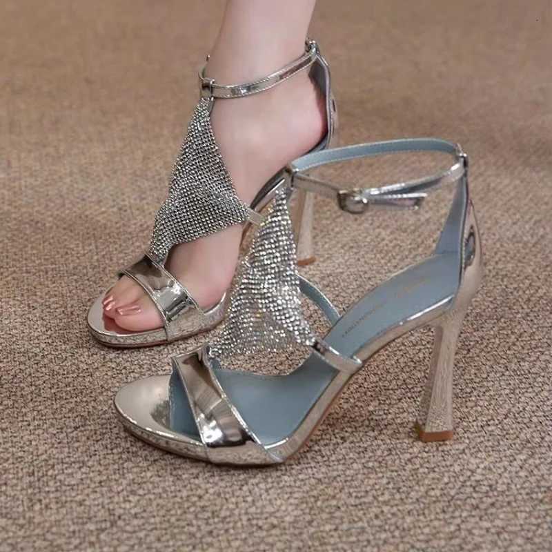 Women Heels Sexy Gold High Heels Sandals Thin Single Strap Metal Stiletto Sandals Silver Heel Shoes Party Evening Wedding Shoes W250910