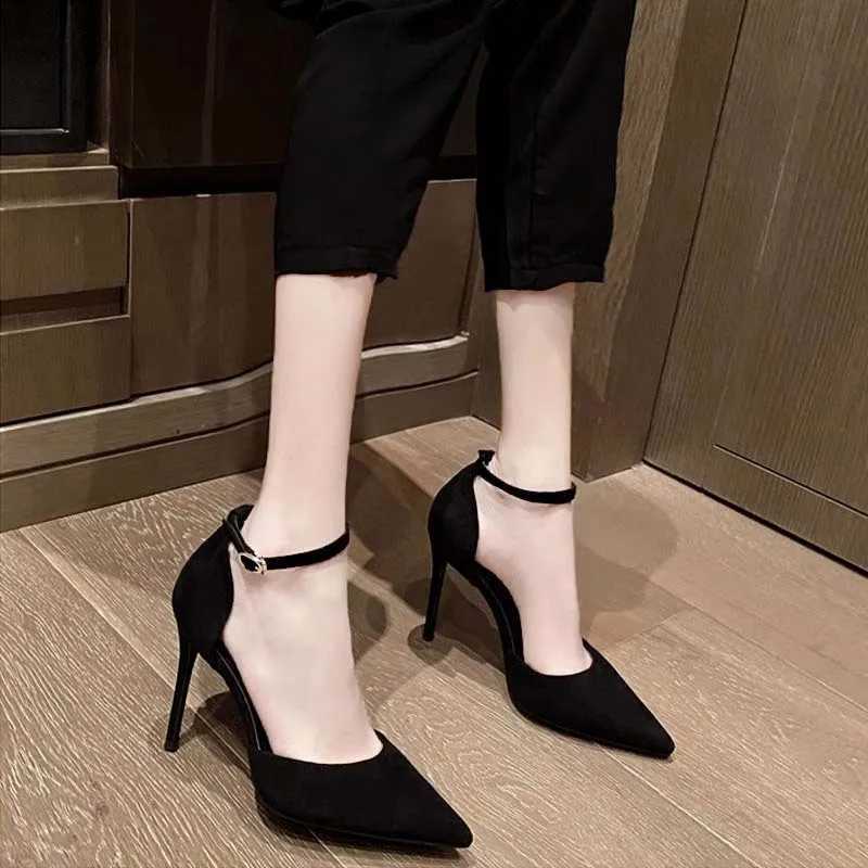 Spring and Autumn High Heel Women 2024 New Versatile Thin Heel Professional L Pointed Black Buckle Strap Single Shoe Women W250910