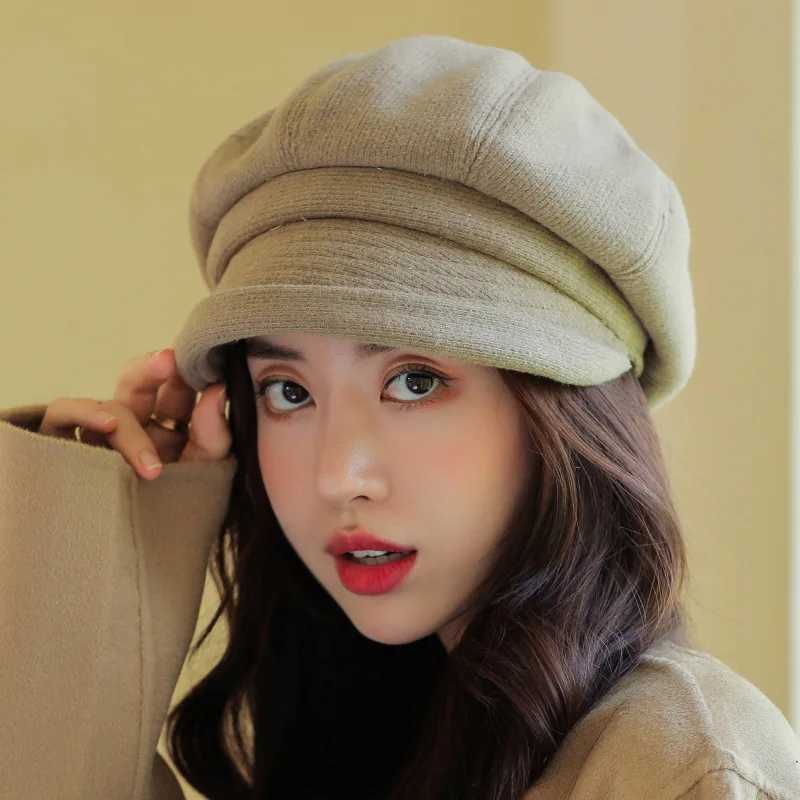 Wens Beret Hat Trendy Japanese Sty Furry Octagon Chic Thick Warm Rold Brim Solid Color Autumn Winter Daily Casual G250910