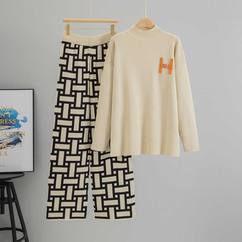 Women's Half High Neck Knit Sweater Set - Casual Wide Leg Pants Two-Piece Outfit