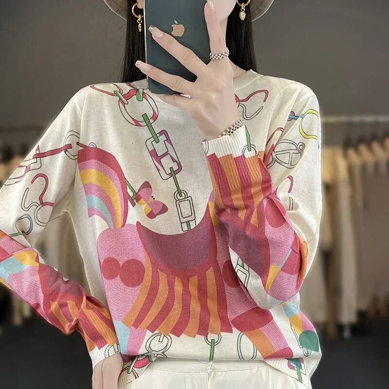 Autumn Winter New Worsted Wool And Mulberry Silk Printed Round Neck Sweater Fashion Joker Knit Loose Bottoming Shirt Top dongdumaoyi