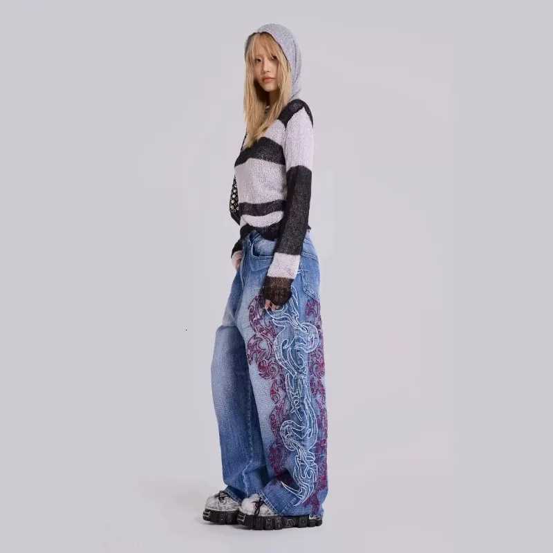 American Fashion Trend New Old Pattern Embroidery Baggy Jeans Women Y2K Gothic Harajuku Casual High Waist Wide Leg Trousers Z250910