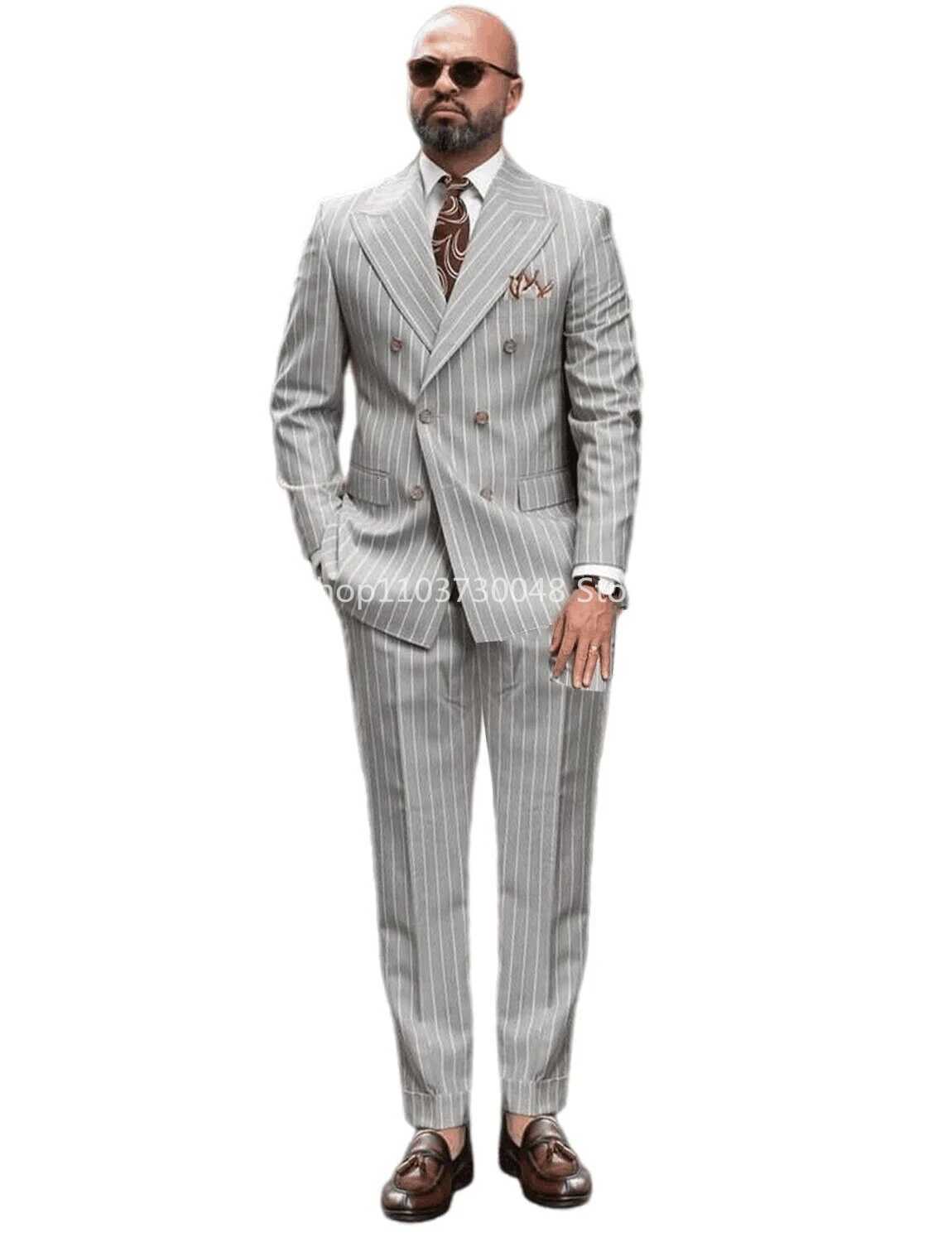 Formal Light Grey Striped Men 2 Piece Wedding Suit Peak Lapel Groom Tuxedo Slim Fit Business Suits Costume Homme For Party Prom W250910