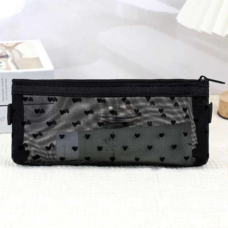 Clear Mesh Cosmetic Makeup Bags Case Makeup Brush Holder Cute Transparent Zipper Black Heart Printed Pencil Pen Case PouchXJ250910