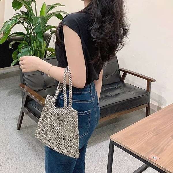 Style Fashion Handwoven Handbag Summer Trendy Stylish silver Shiny Versatile Beaded Ins Shoulder Bag
