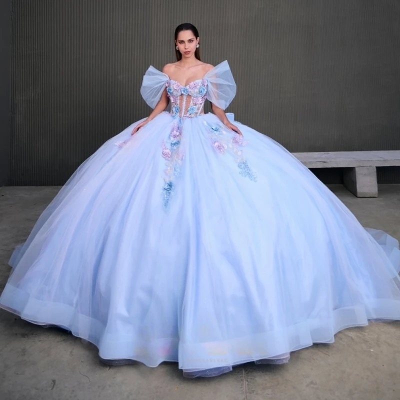 Sky Blue Quinceanera Dresses Ball Gown Off The Shoulder Applique Lace Beads Bow Tull Party Birthday Sweet 16 Dress Vestidos 15 De Anos