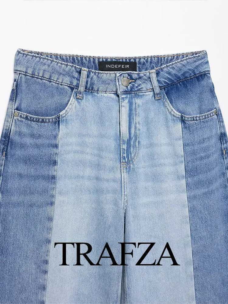 TRAFZA 2025 Summer Womens Fashionable Spliced loose Widefoot Jeans Retro High Neck Pocket Decoration Womens Streetwear Y2K Z250910