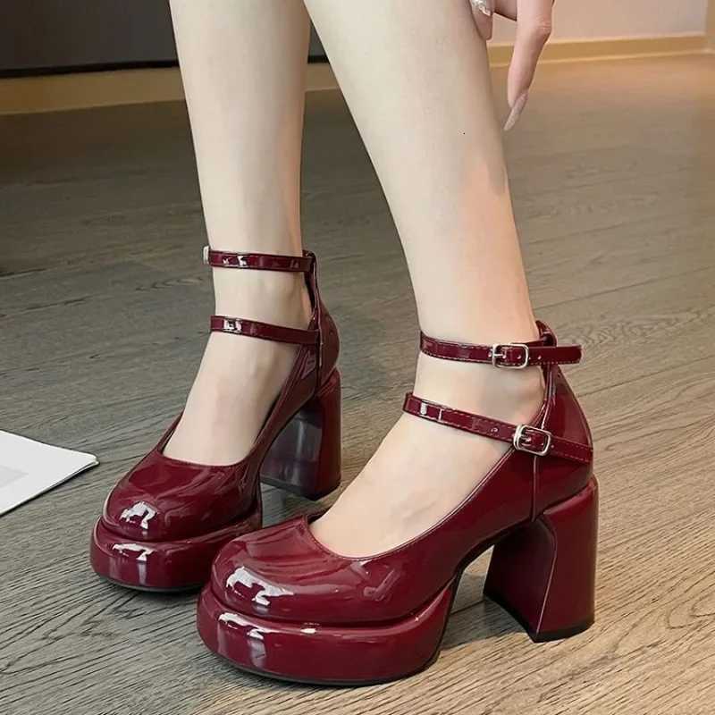 2024High Heels Womens Spring Autumn Pumps Shoes Red Black Retro Thick Soled Jane Ankle Buckle 9cm Chunky W250910