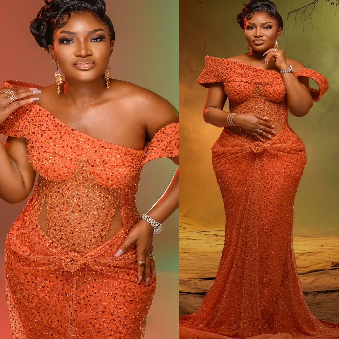 Orange Mermaid Prom Dresses 2025 Off Shoulder Sequined Evening Formal Party Second Birthday Engagement Gowns Plus Size Dress For Special Occasions