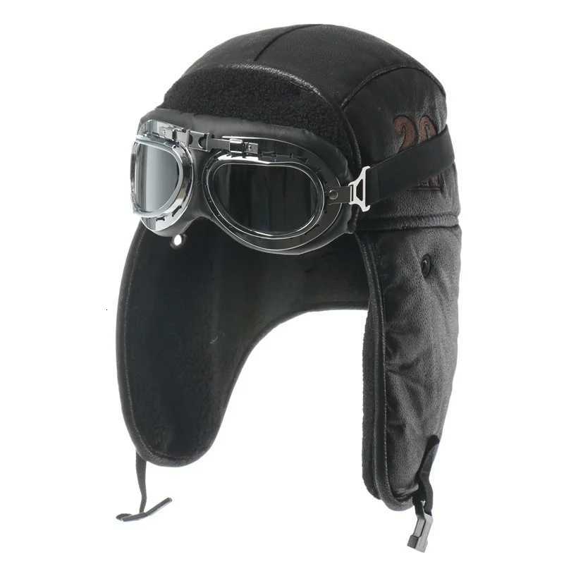 SupSin Men Winter Bomber Hat With Goggles Outdoor Motorcycle Windproof Warm Faux Fur Pilot Earfl Hat Leather Thermal UshankaXJ250910