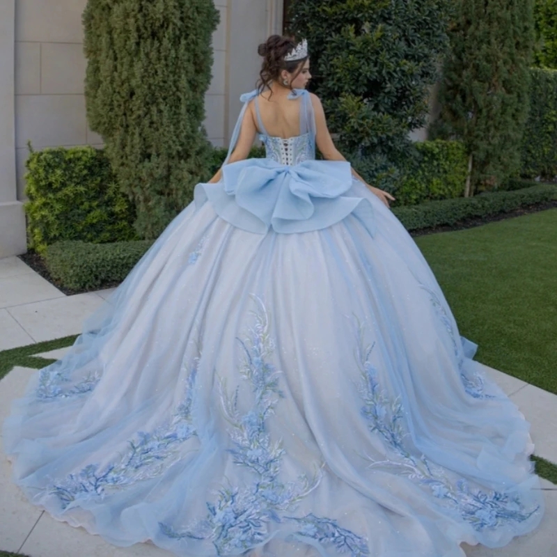Blue Shiny Quinceanera Dresses Ball Gown Off The Shoulder Applique Lace Beading Bow Tull Party Birthday Sweet 16 Dress Vestidos 15 De Anos