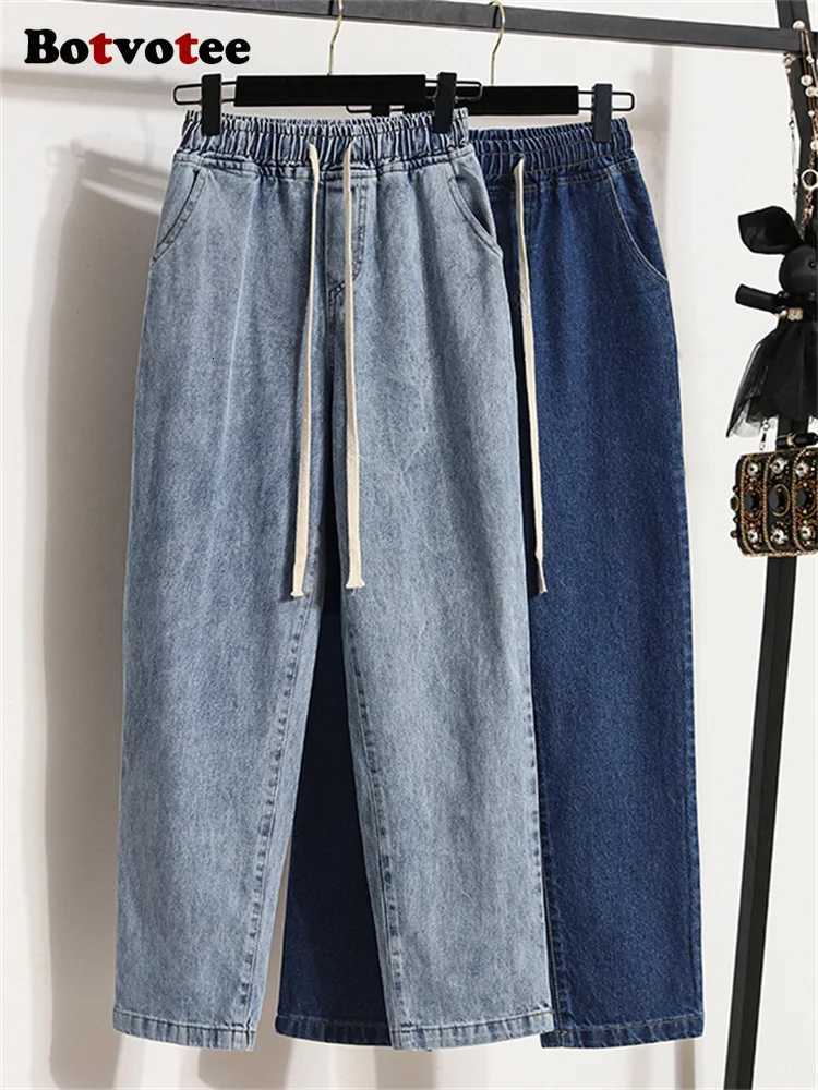 Botvotee Retro Womens Vintage Washed Straight Leg Jeans Elastic Waist Wide Denim Pants Loose Fit Casual Comfortable Trousers Z250910