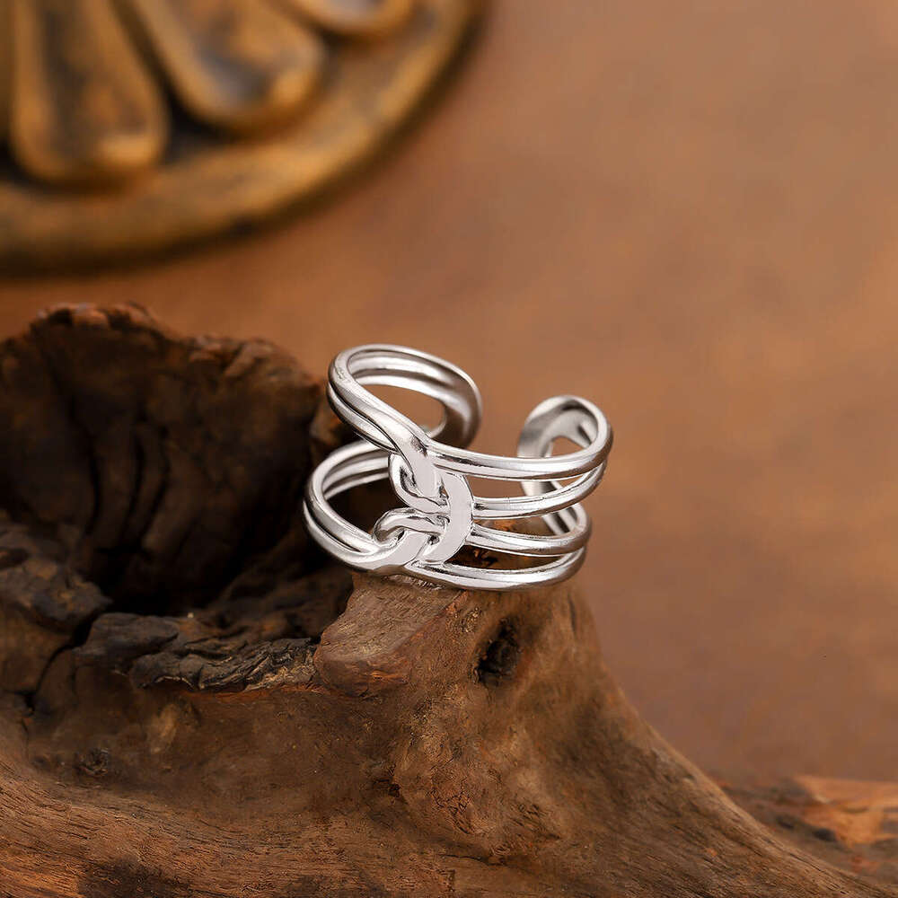 New Elegant Line Knot Design Open Stainless Steel for Women, Vacuum Gold Plated, Non-Fading Ring