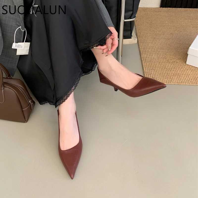 SUOJIALUN New Brand Women Pumps Shoes Fashion Pointed Toe Shallow Slip On Dress Single Shoes Ladies Thin High Heel Dress Pumps W250910