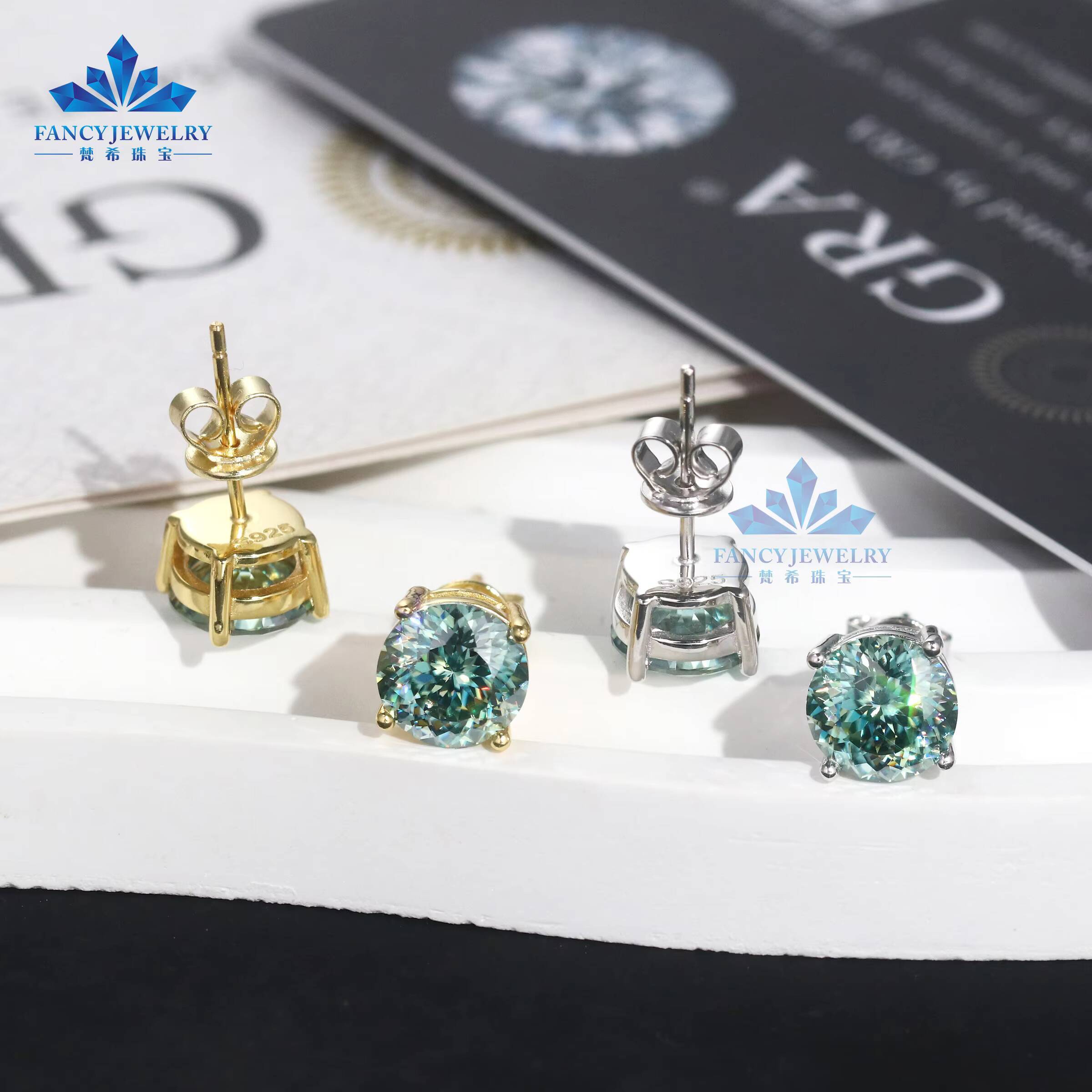 High Quality 925 Sterling Silver Gold Plated 8MM Portuguese Cut Bluegreen Moissanite Stud Earring for Gift Party