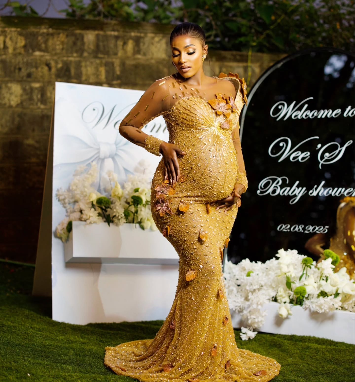 Mermaid Gold Pregnant Prom Dresses 2025 Beaded Crystals Flowers Evening Formal Party Second Birthday Engagement Gowns Plus Size Dress For Special Occa